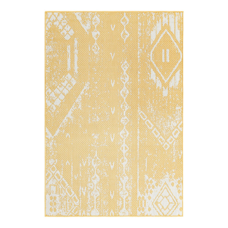 Tapis intérieur / extérieur jaune en polypropylène tissé à la machine 9 pi 10 po x 13 pi Broux, Rectangle 4 pi x 6 pi