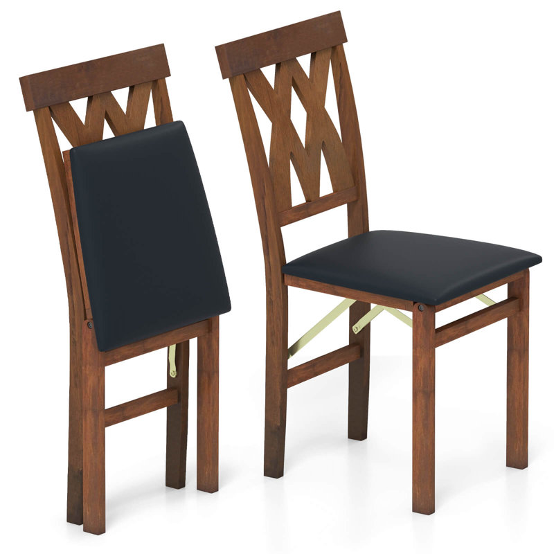 Chaises de cuisine pliantes avec structure rembourrée en bois d'hévéa et cuir PVC, 2, Noir, Noyer