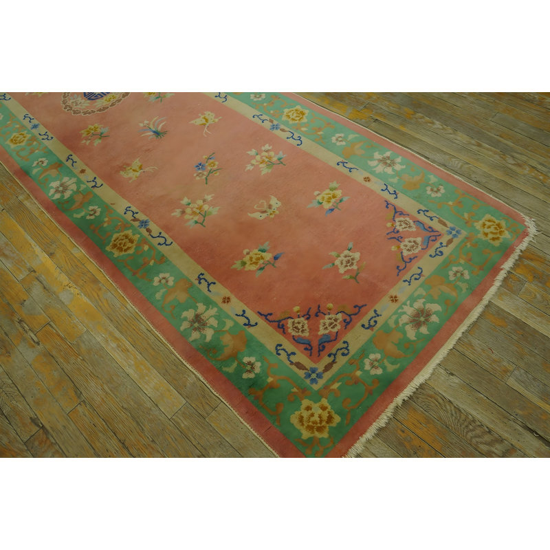 Soft Rose Color Wool Pile Antique Chinese Art Deco Hallway Runner Rug