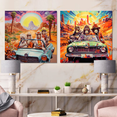 Monkeys Riding In 1980S Convertible Cadillac I - Monkey Car Canvas Wall Art Set Of 2