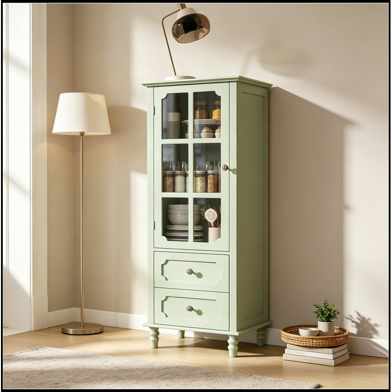 Armoire avec portes en verre et double tiroir, Mint Green