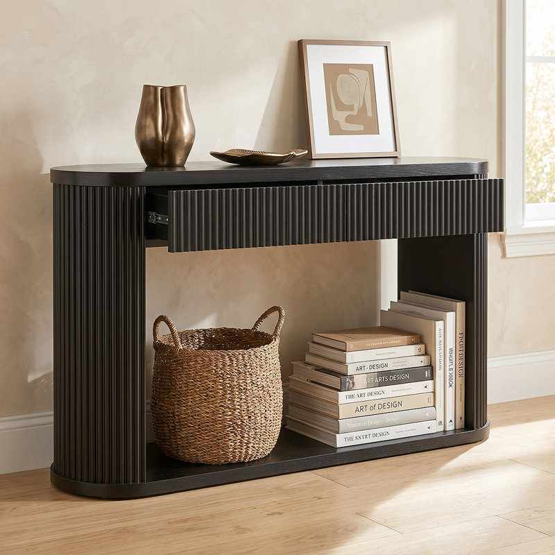 Console élégante avec design cannelé, glissières en métal et tablette de rangement ouverte, Noir