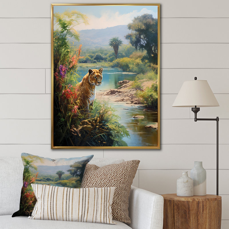 Green Panther Impressionist Retreat sur toile, Cadre flottant doré, H 40 po x l 30 po x P 1,5 po