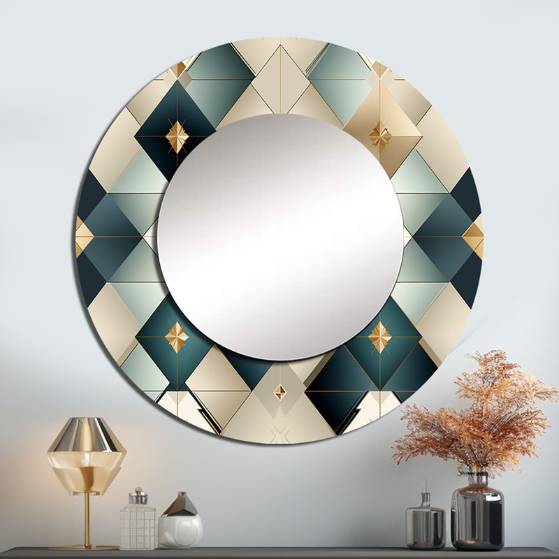Harmonie cubique Sehjal bleu sarcelle et gris - miroir mural décoratif géométrique, miroir rond moderne, impression d'art en métal