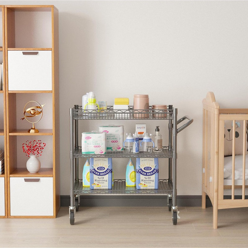 3-Tier Commercial-Grade Heavy-Duty Metal Rolling Cart — Storage Cart with Handle and Shelf Liners