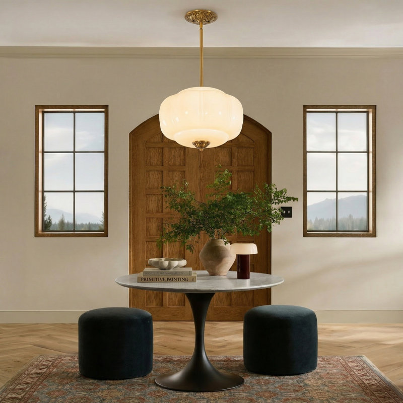Glint 1 - Light 15" Schoolhouse Brushed Brass Semi-Flush Mount Ceiling Light for Dining Room, Cream