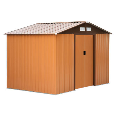 Remise extérieure 9 pi x 6 pi en métal jaune avec fondation, 4 évents et 2 portes coulissantes faciles, pour la cour, le garage, la pelouse, les outils de jardin, les outils de jardin, la bonne ventilation, l'acier galvanisé