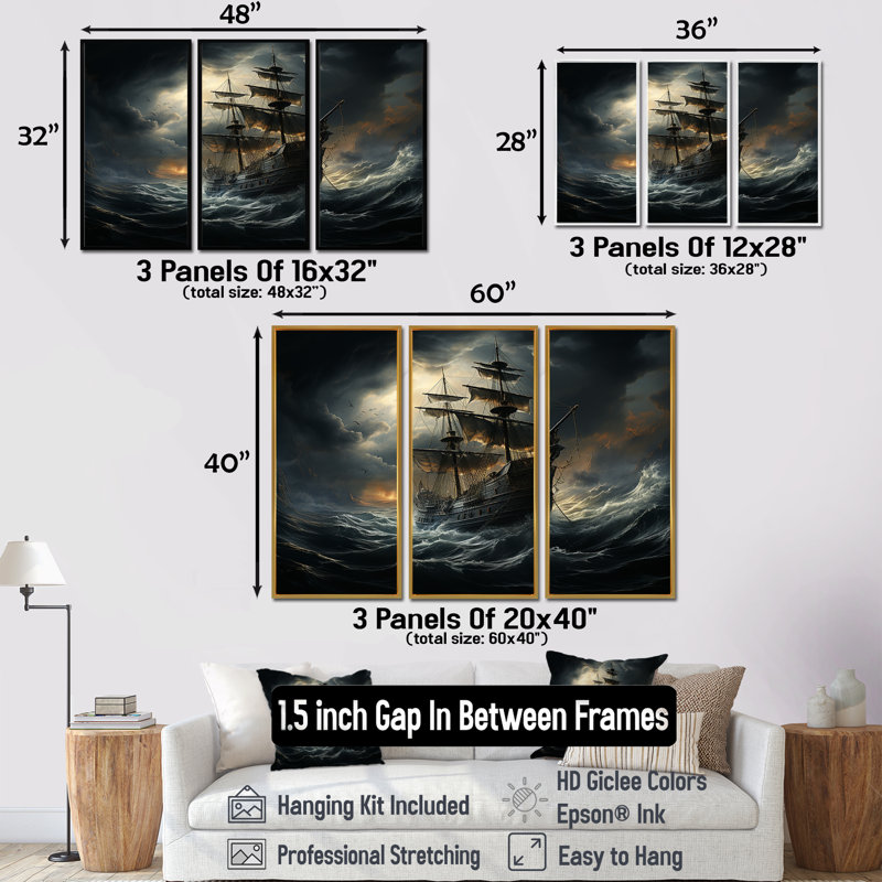 «Pirate Ship At Stormy Seas», ensemble d'art sur toile, H 40 po x l 60 po x P 1 po, Cadre flottant brun