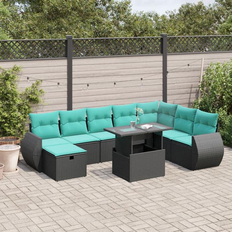  Ensemble de canapé de patio 9 pièces avec coussins en rotin de polyester, Noir, Vert