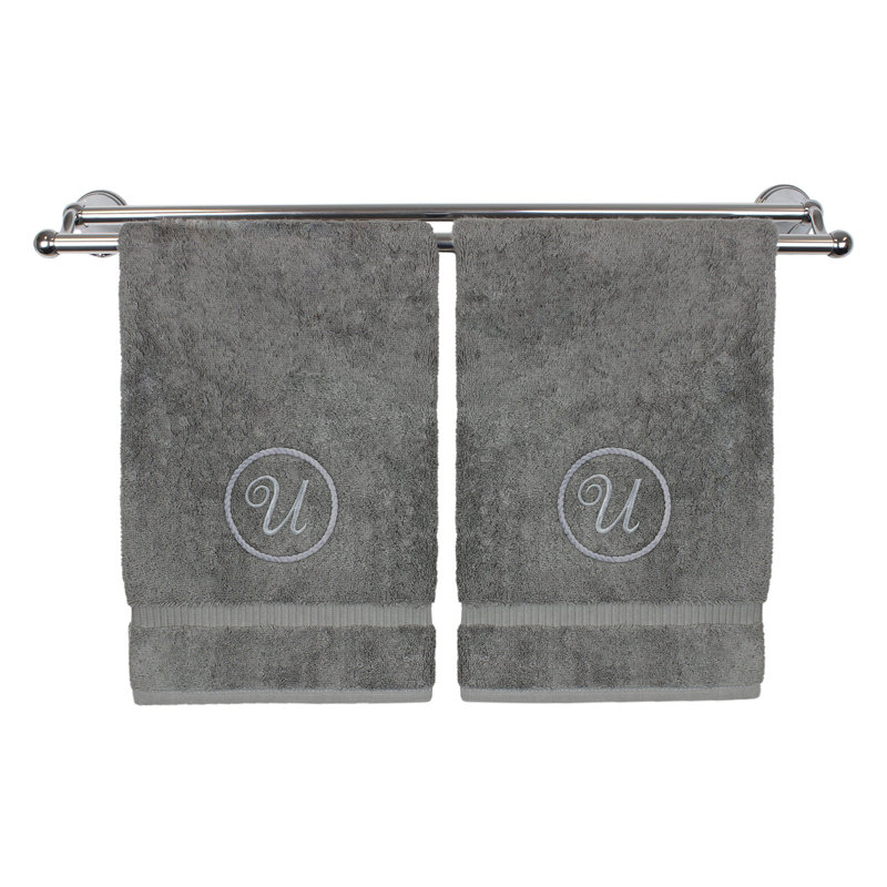 Essuie-mains monogramme - ensemble de 2 - lettre à motif circulaire, Gris / Argent, U