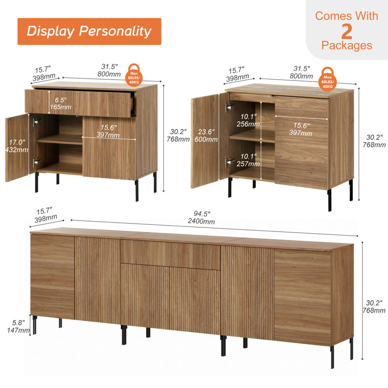 Meuble télé 94 po pour meuble télé 94,5 po avec commode en bois, Noyer