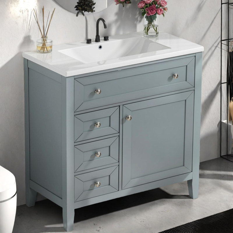 Meuble-lavabo en bois massif avec lavabo en céramique - Rangement réglable et tiroir à fermeture en douceur