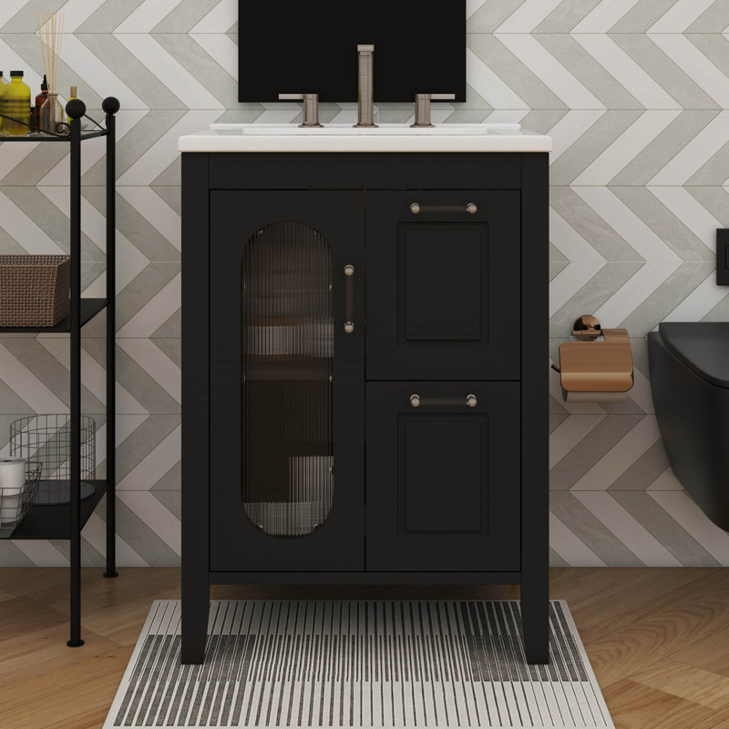 Meuble-lavabo 24 po avec tablette interne personnalisable, 2 tiroirs et une porte simple, Noir