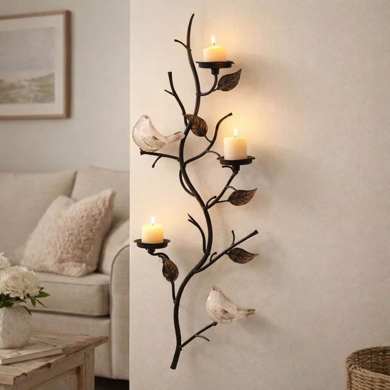 Porte-bougie mural floral, branches de 41 pouces avec oiseaux, 3 assiettes