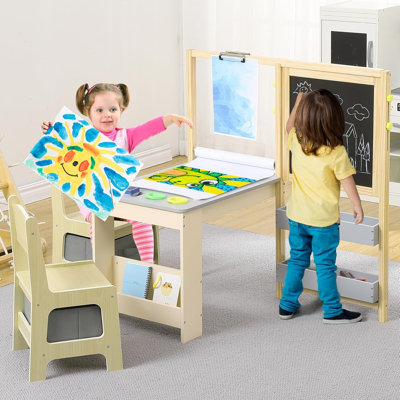 Chevalet en bois pour enfants, table d'art pour enfants et 2 chaises, centre d'art avec tableau noir et blanc à double face