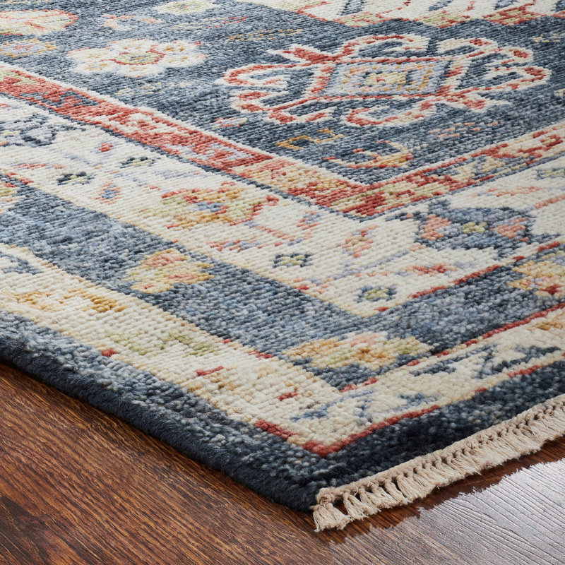Pepa Hand Knotted Wool Area Rug, Rectangle 12' x 15', Blue/Ivory