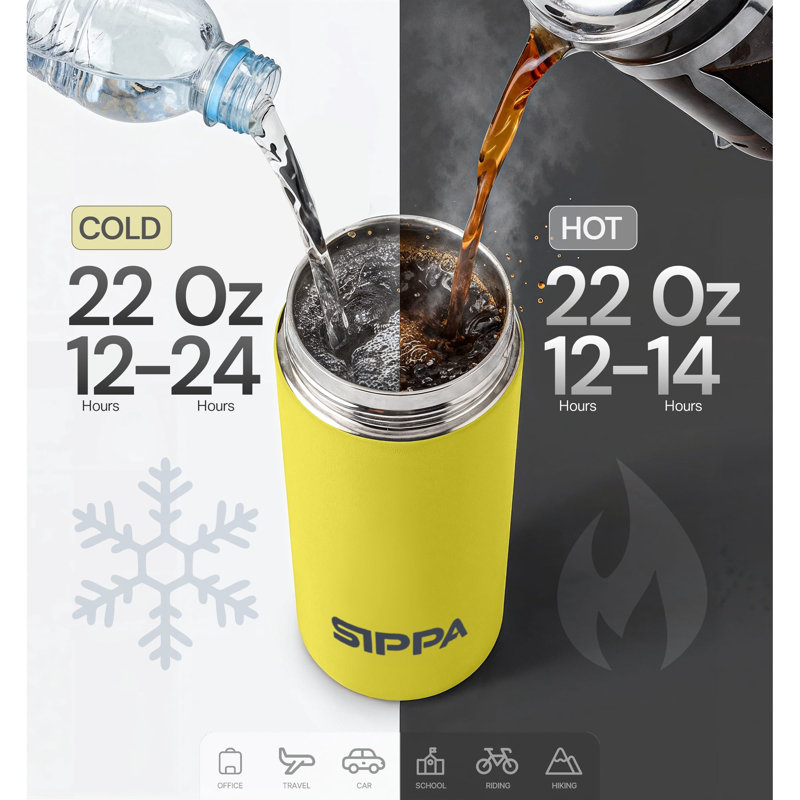 Bouteille de voyage en acier inoxydable isolée SIPPA 22 oz avec couvercle et poignée en paille basculante - verre d'eau chaude et froide à l'épreuve des fuites, jaune doré - salle de gym, bureau et hydratation extérieure