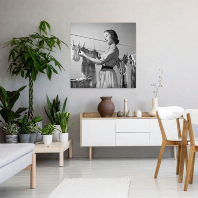 1950S Smiling Woman Housewife Hanging Wash Child Dress On Clothesline To Dry Classic Retro Vintage Architecture Wall Art