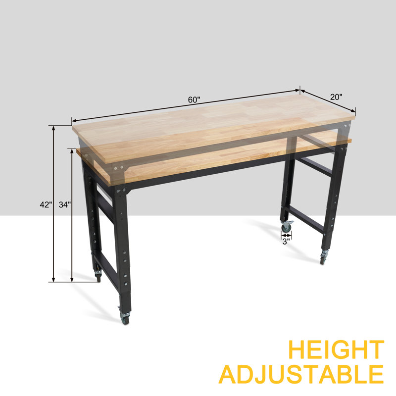 Établi roulant de 60 pouces avec hauteur réglable et plateau en bois d'hévéa avec station de travail mobile de 2 000 lb avec roulettes verrouillables pour le garage et l'atelier