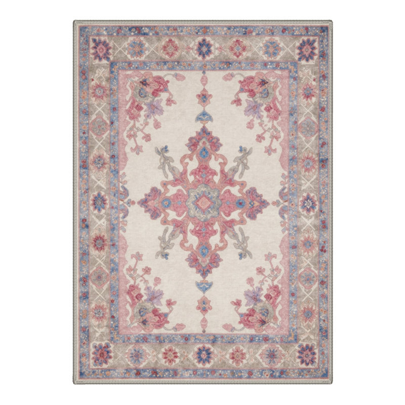 Bloomfield Vintage Floral Machine Washable Blue / Pink / Beige Indoor Area Rug with Non-Slip Backing, Rectangle 8' x 10'