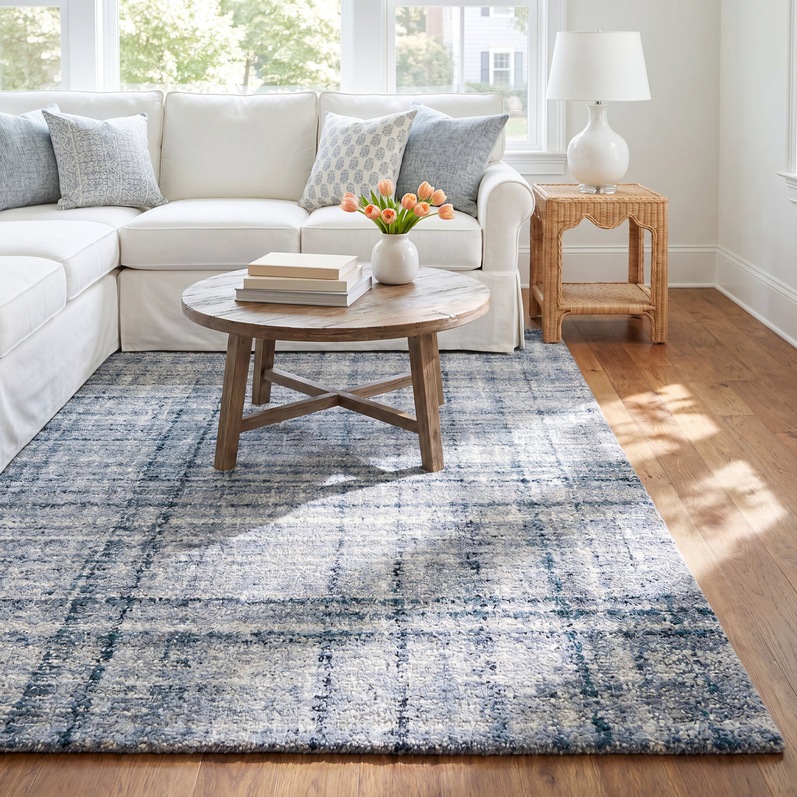 Harris Blue Brown Hand-Hooked Plaid Wool Rug, Rectangle 5' x 8', Blue/Ivory