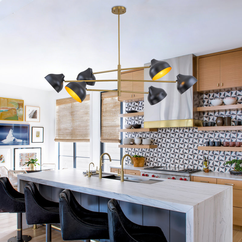 Éclairage de salle à manger réglable de style Mid-Century à 6 lumières avec abat-jour rotatif réglable noir et laiton de 55 po de largeur