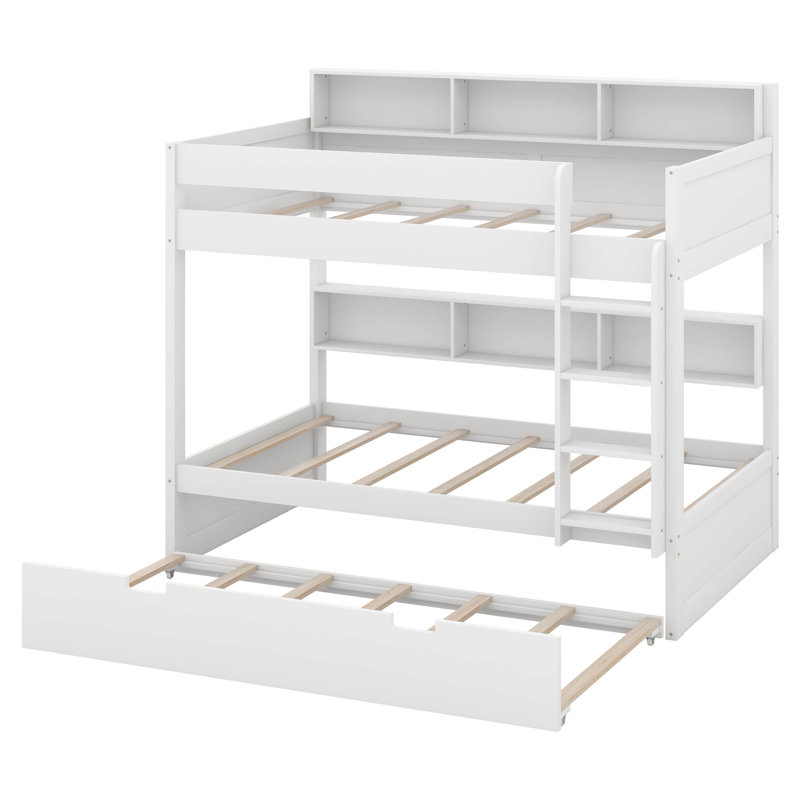 Lit superposé avec rangement et lit gigogne, structure de lit superposé en bois peu encombrante avec tablettes de chevet