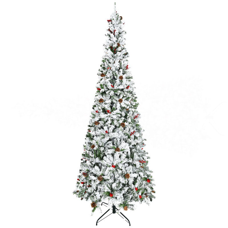 Arbre de Noël artificiel enneigé 9 pi avec branches de pin réalistes, pommes de pin, baies rouges, ouverture automatique, vert