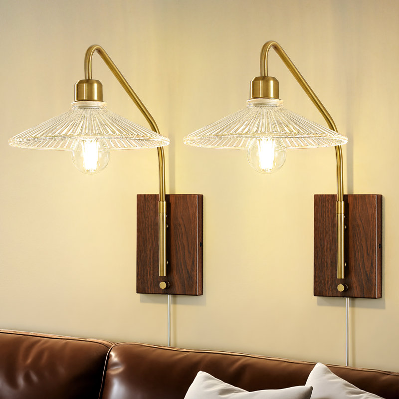 2 - Light Plug in Swing Arm Wall Sconces with Glass Shade, Brushed Gold