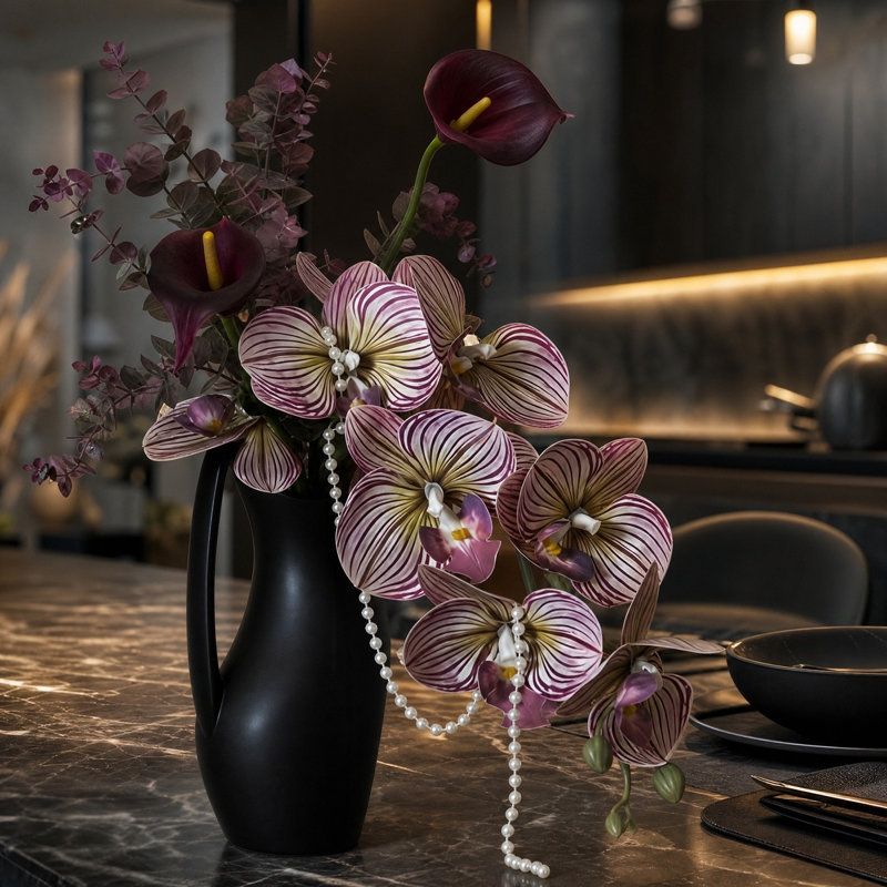 Arrangement floral phalaenopsis artificiel foncé 15,7 po avec lis noir Calla