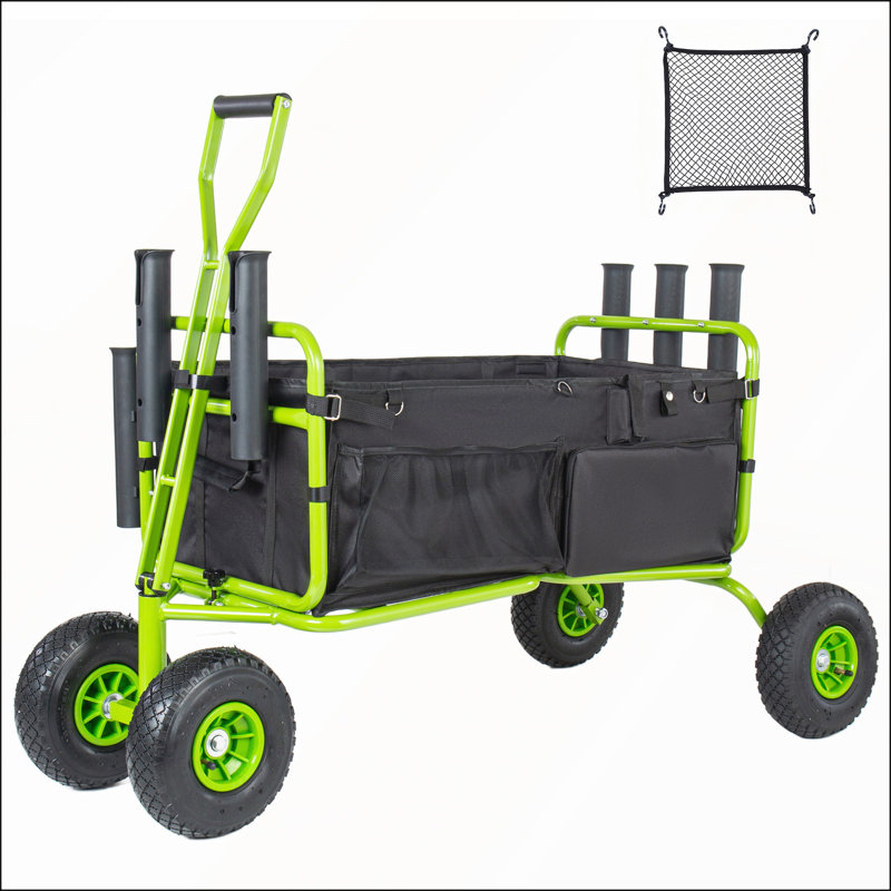 Chariot de pêche et de plage avec roues tout-terrain, porte-cannes, porte-parapluie et poches de rangement pour un transport facile