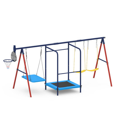 Ensemble de balançoires à vie 5 en 1 pour la cour, aire de jeux pour enfants en métal robuste avec trampoline, balançoire à soucoupe, balançoires à ceinture et panier de basketball, ensemble de jeu extérieur pouvant supporter jusqu'à 440 lb  