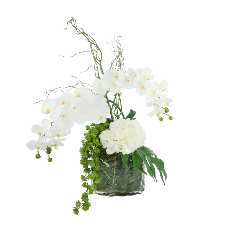Orchidées disposées avec des hortensias, des plantes grasses et des feuilles de philodendron