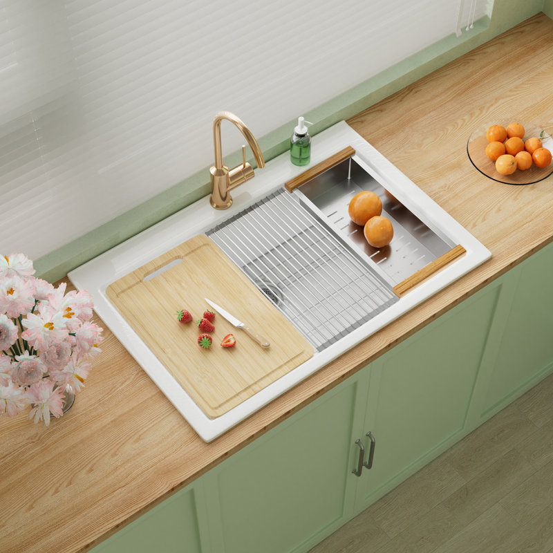 Évier de cuisine encastré en argile réfractaire 33 po x l 22 po à 1 trou avec une passoire et une planche à découper