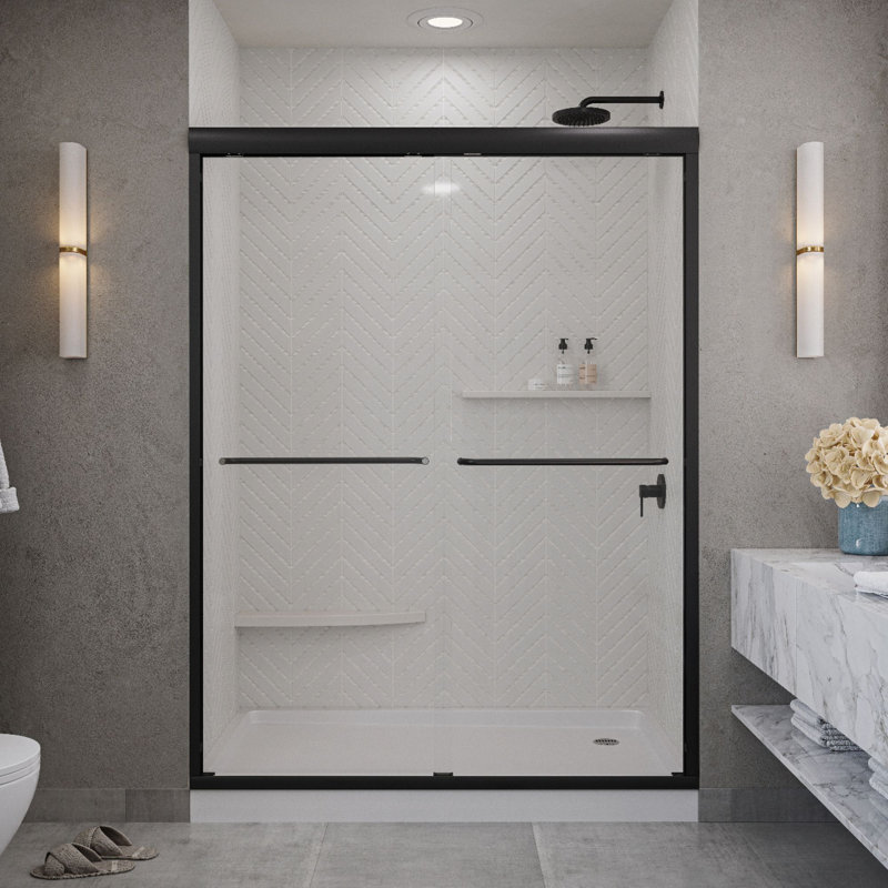 Strada 44 - 48 x 76 "Porte de douche coulissante sans cadre 3/8" en verre trempé transparent, Noir mat