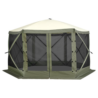 Tente pour abri de jardin Pop Up, abri de soleil à auvent à 6 côtés avec 6 toiles d'intimité amovibles et fenêtres en filet, tente écran rapide 12 x 12 pi avec moustiquaire, vert armée