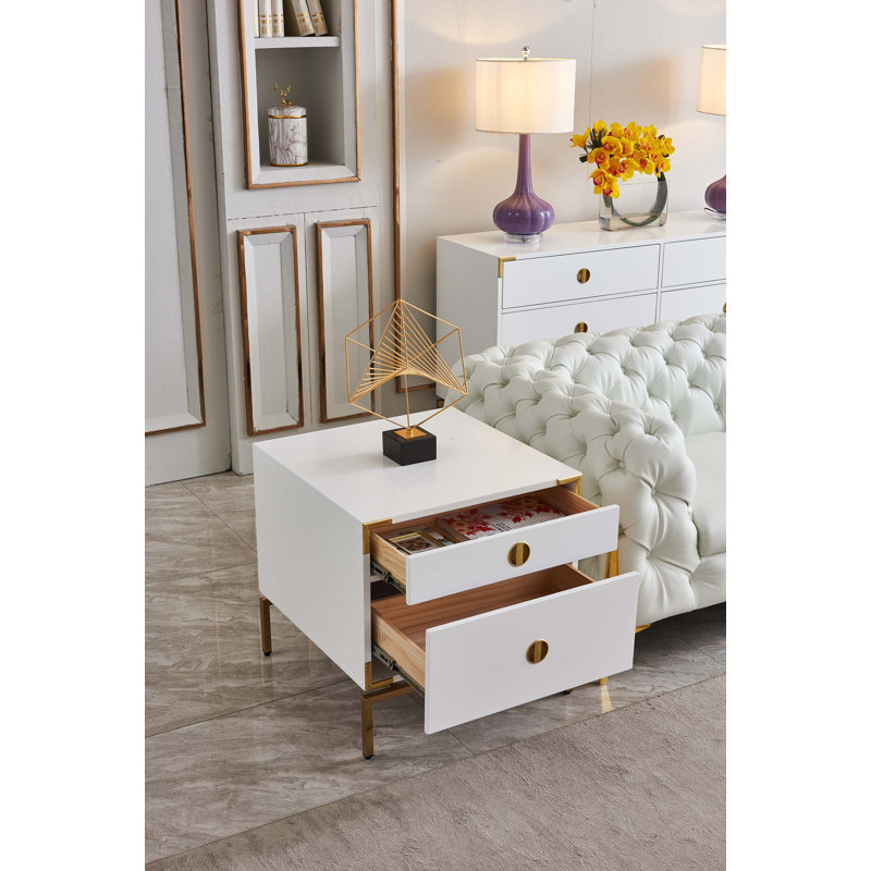 White Bedside Table with 2 Drawers
