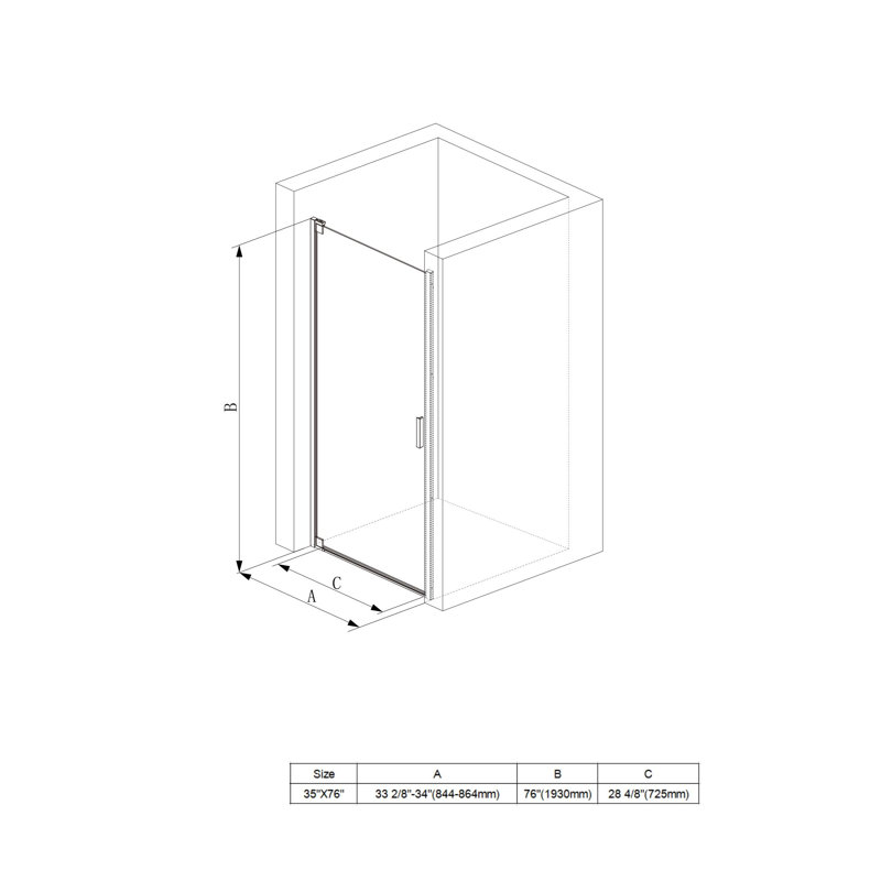 34" W x 76" H Pivot Door Frameless Shower Door with 5/16"(8mm) Clear Tempered Glass, Nickel