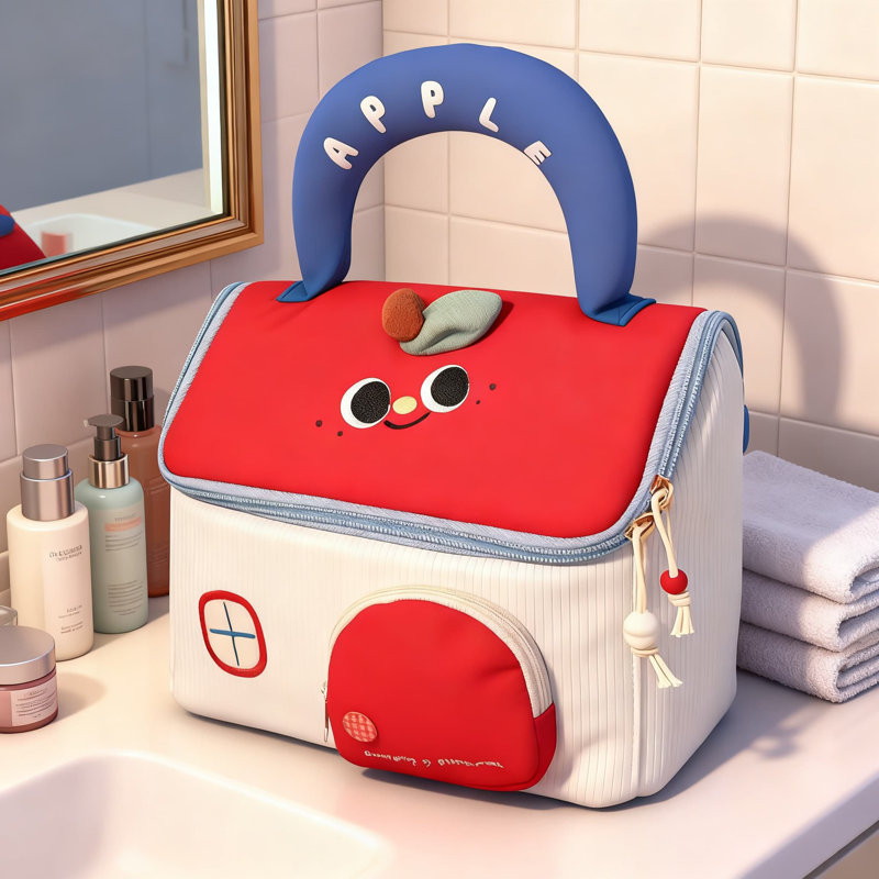 Une trousse de maquillage de grande capacité avec une forme mignonne et amusante, une trousse de toilette portable et un sac de rangement pour cosmétiques Zoné [rouge, blanc et bleu foncé]