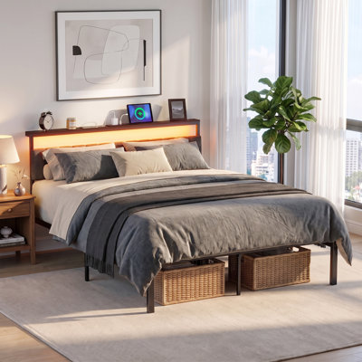 Queen-Size Upholstered Bed Headboard with Steel Frame, LED Lights & Built‑in Charging Station, Storage Headboard