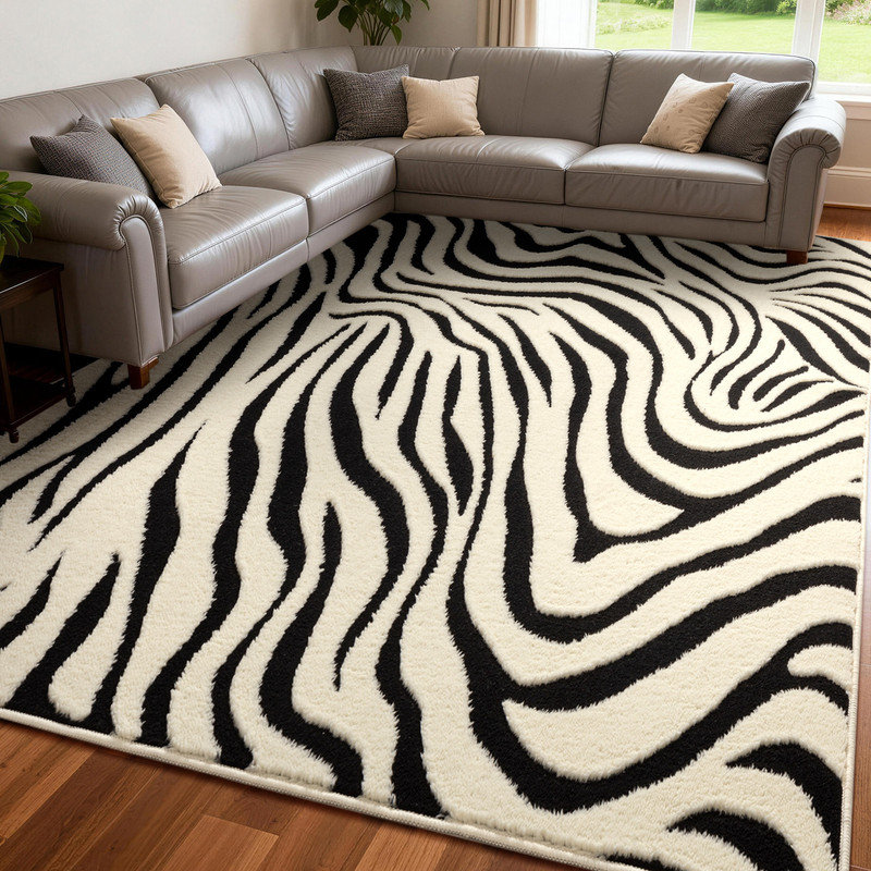 Tapis lavable à la machine, antidérapant, à motif zèbre moderne, Rectanlge 6'x9'