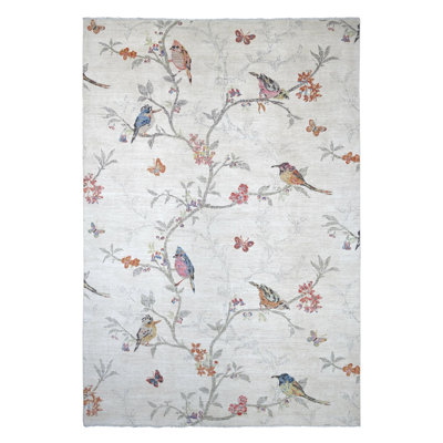 Tapis 10 pi x 14 pi 1 po blanc albâtre, moineaux sur l'arbre, Peshawar, laine de haute montagne, finement noué à la main, doux au toucher, tapis oriental