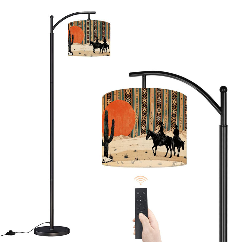 Arc Floor Lamp Desert Sunset Cowboys Horses Cactus Skull Geometric Tribal Floor Lamps with Remote LED Lights Adjustable Lamp Shades Tall Standing Lamps for Reading Office Living Room