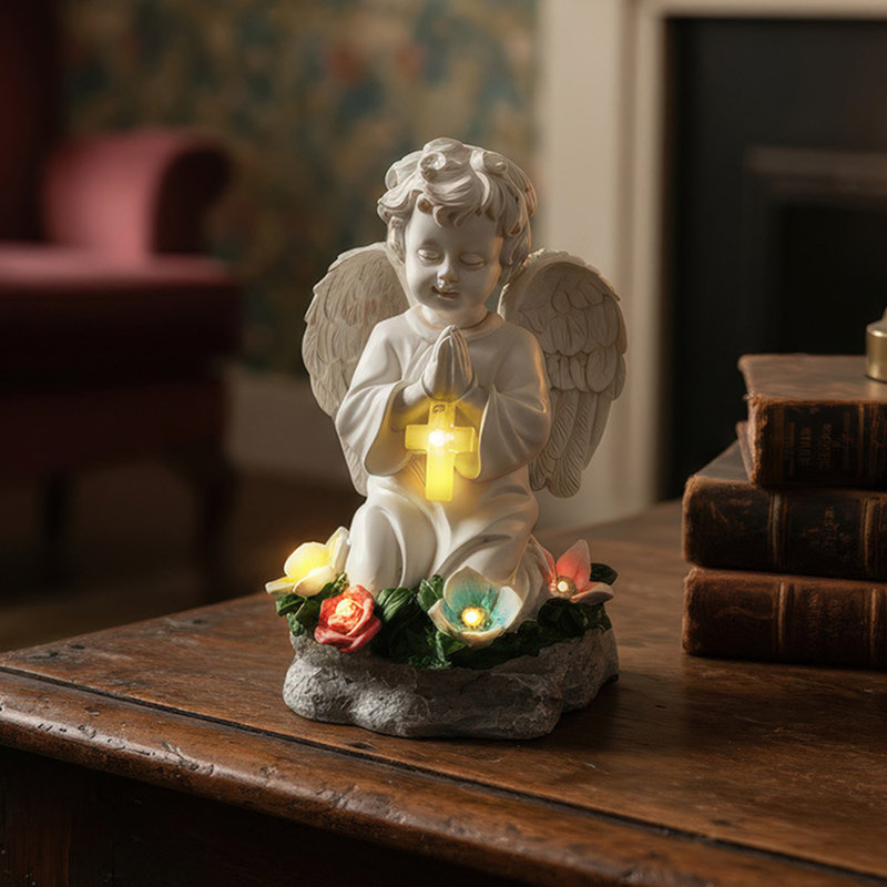 Solar Powered Resin Cherub Figurine Lamp Decorations