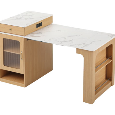 59.5" Large Kitchen Island With 10.2 - 41.8" Extendable Table, Two Removable Panels, Double Tier Side Open Shelves, And Power Outlet For Use, Functionality, Sided Shelving, Integration