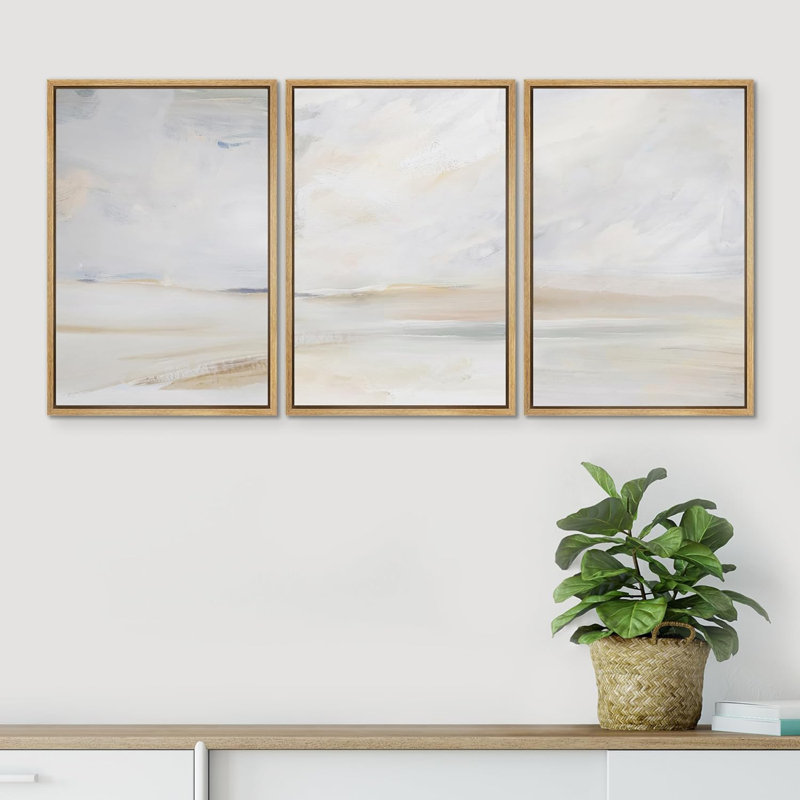 “Minimal Landscape” Mute Abstract Serene Coastal Beach, digital art print on canvas framed 3 pieces, Naturel