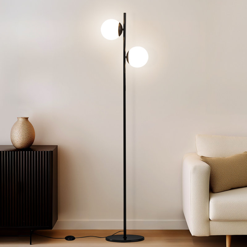 Lampe sur pied à DEL écoénergétique moderne avec abat-jour en verre 65 po Sphere, Noir