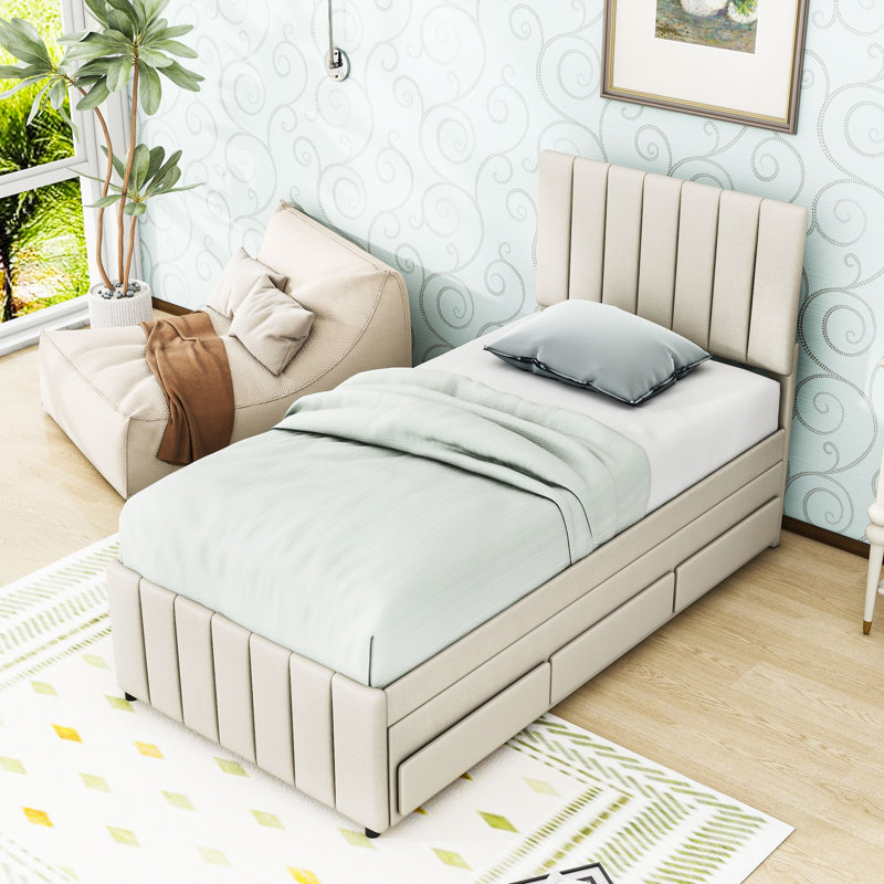 Upholstered Platform Bed with Twin Trundle and 3 Drawers, Twin, Beige