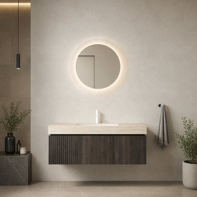 Meuble-lavabo de salle de bain, meuble de rangement flottant en contreplaqué avec tiroir et portes, comptoir en pierre frittée en travertin et lavabo en céramique avec 1 trou de robinet pré-percé, pré-assemblé