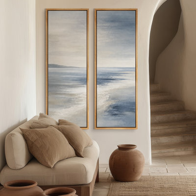Horizon côtier bleu-gris doux – Ensemble de 2 impressions d'art encadrées sur toile 60"x20"x2, 60"x30"x2